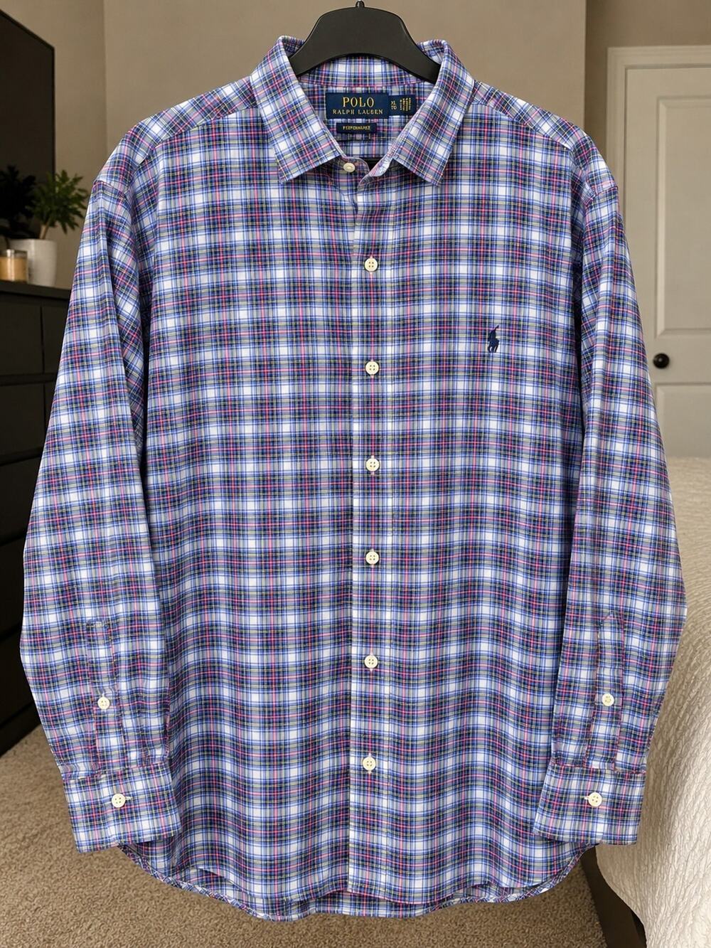 Polo Ralph Lauren Mens XL Classic Fit Performance Plaid Stretch Shirt Pink Blue